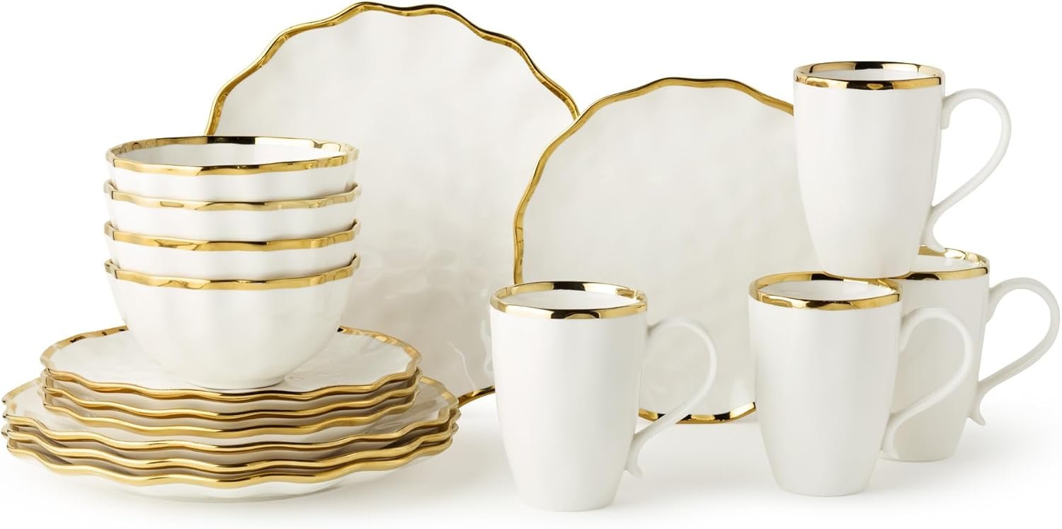 Regency Gold 16-Piece Elegant Gold Rimmed Porcelain Dinnerware Set for