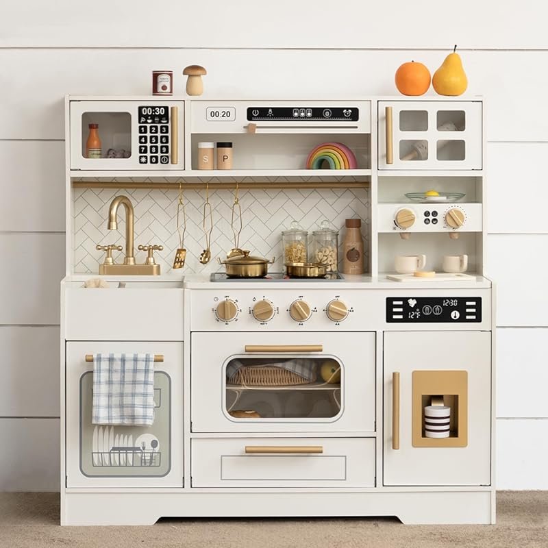 Wooden Kids Play Kitchen with Realistic Appliances & 15 Accessories fo
