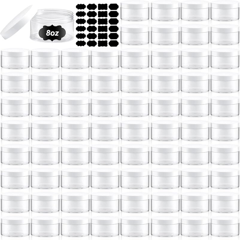 Dandat 72 Pcs 8 oz Refillable Cosmetic Sample Jars with Labels for Lot