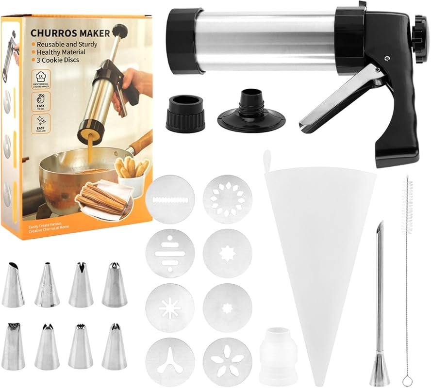 Stainless Steel Churro Maker with 8 Discs, Nozzles, Piping Tips & Clea