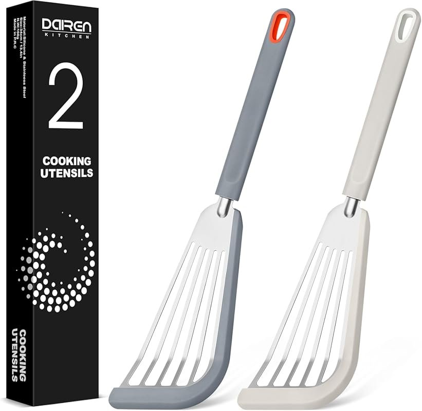 2-Pack Thin Slotted Spatulas with Silicone Edge – Heat Resistant, Idea