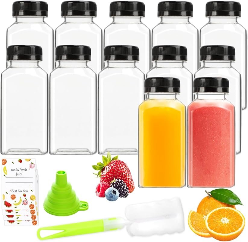 Leaflai 12-Pack 8oz Reusable Plastic Juice Bottles with Caps for Smoot