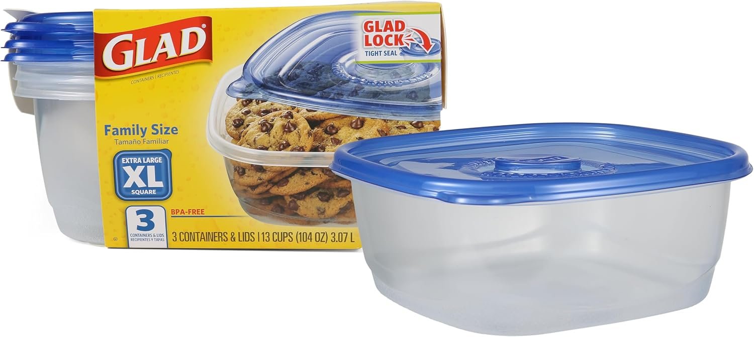 GladWare XL Square Food Containers with Lock-Tight Lids, 104 Oz BPA-Fr