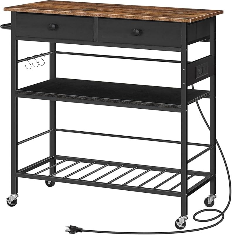 HOOBRO Rolling Kitchen Island with 2 Drawers, Power Outlet, 3-Tier Cof