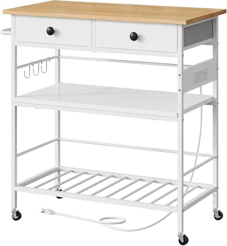HOOBRO Rolling Kitchen Island with 2 Drawers & Outlet, 3-Tier Coffee S