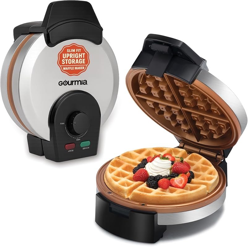 Gourmia Compact Belgian Waffle Maker: Upright Storage, Adjustable Browning