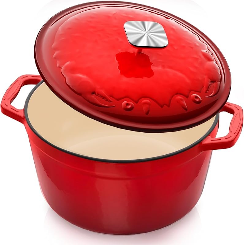 5 Quart Enameled Cast Iron Dutch Oven with Crab Lid & Oversized Knob f