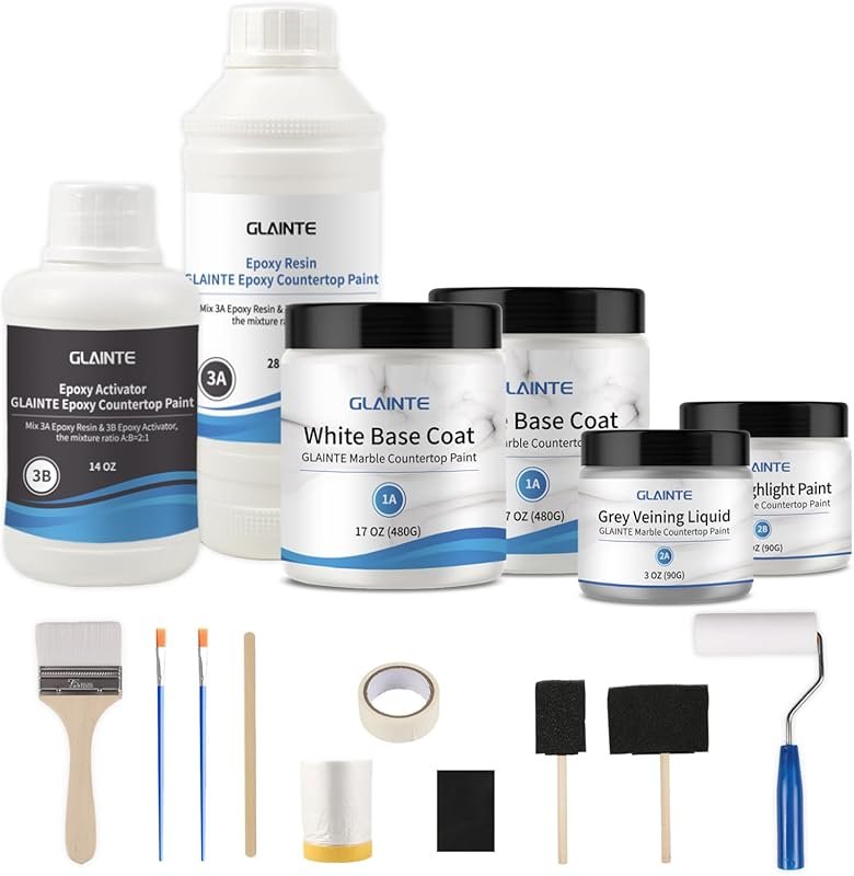 GLAINTE White Marble Countertop Paint Kit - Epoxy Refinish for Kitchen