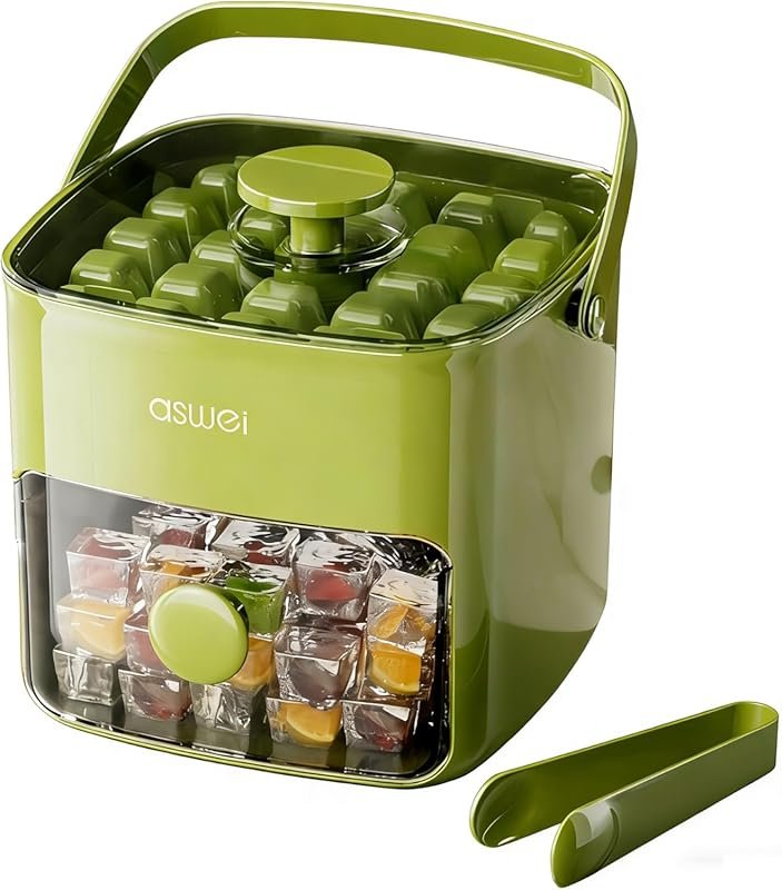 Compact Press-Type Ice Cube Tray with Bin and Tongs, BPA-Free for RV &