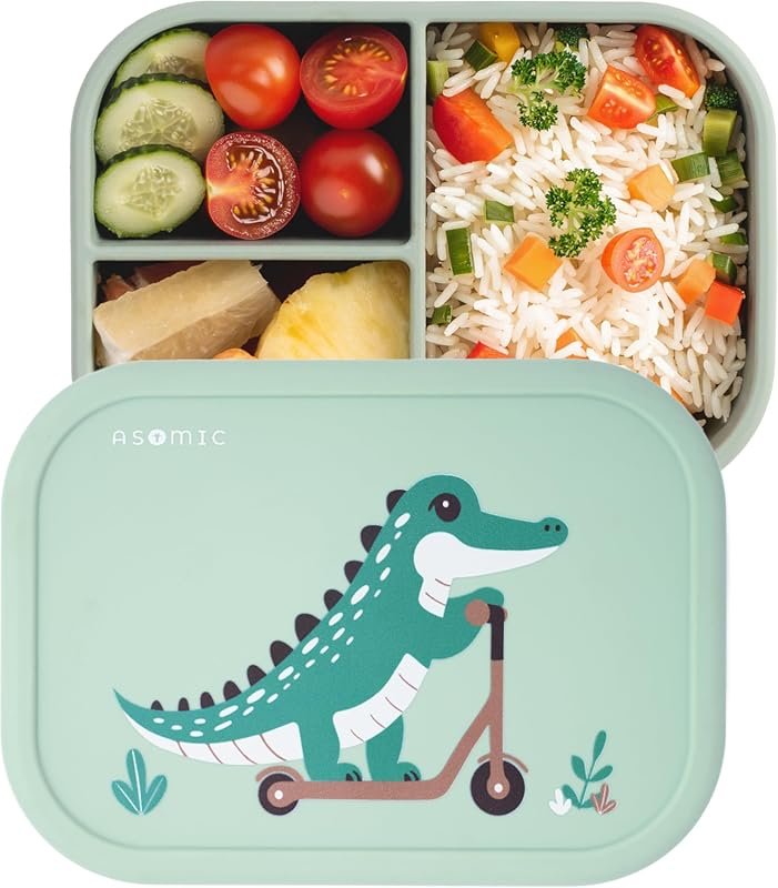 ASOMIC Silicone Bento Box for Toddlers, 3 Compartments, Microwave & Di