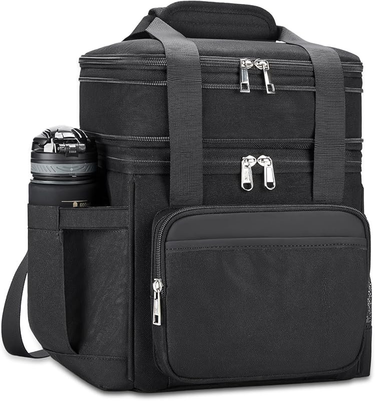 holuxer Double Deck Reusable Insulated Lunch Bag, Black, 15L
