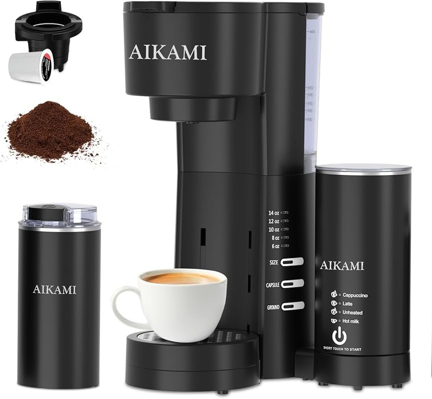 4-in-1 Single Serve Coffee Maker with Milk Frother, Grinder & Ground C