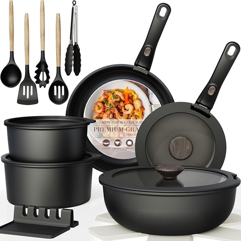 Astercook 21-Piece Ceramic Cookware Set with Detachable Handles, Stack