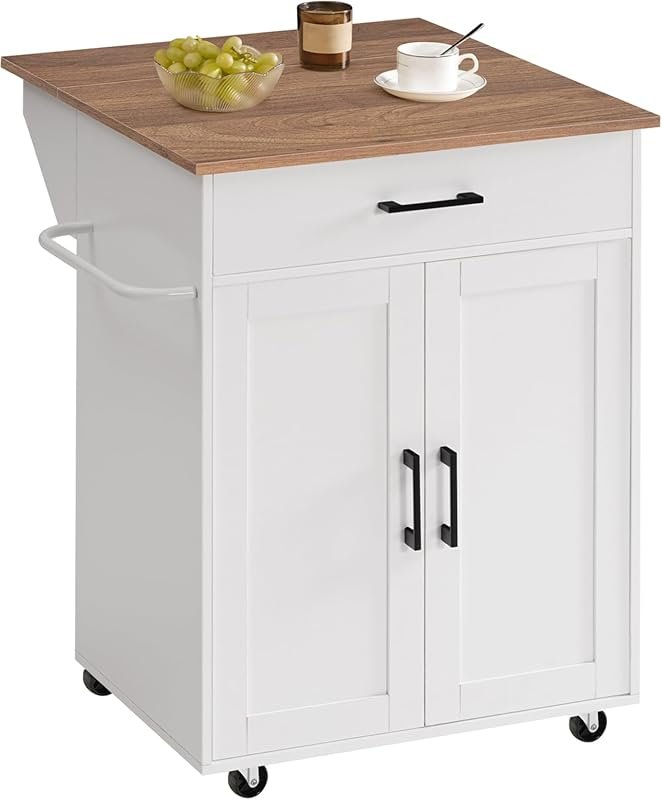 MAHANCRIS Folding Kitchen Island Cart with Drop Leaf, Towel Rack & Dra