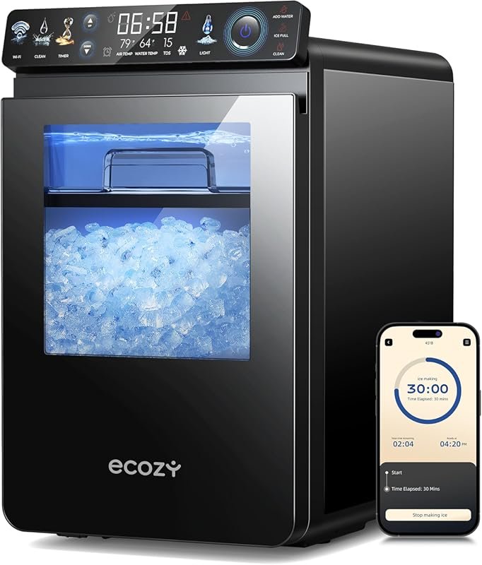 ecozy Nugget Ice Maker with APP Control, 44 lbs/Day Soft Pellet Ice, S