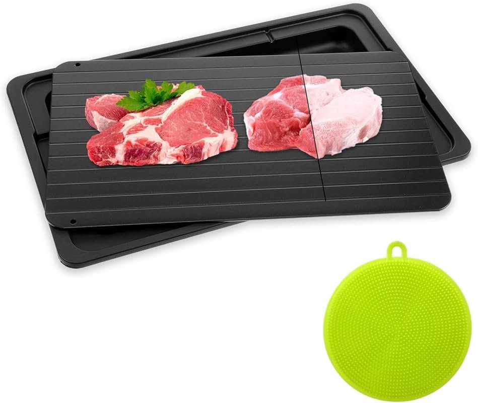 Large Defrosting Tray with Drip Pan & Silicone Scrubber, Fast & Safe T