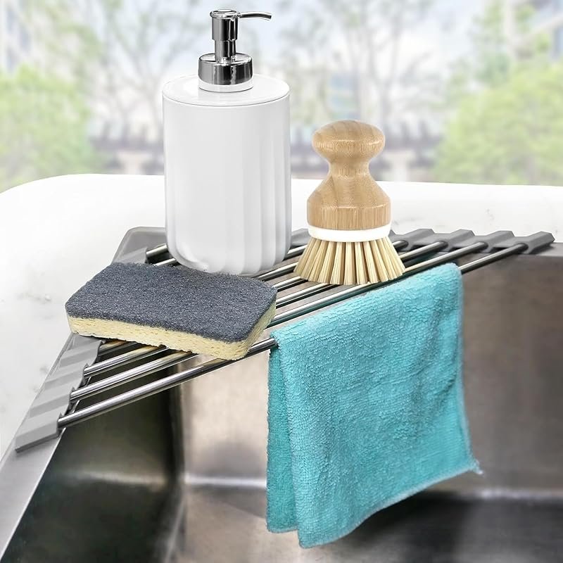 Corner Sink Caddy Triangle Dish Drying Rack with Roll-Up Mat – Stainle