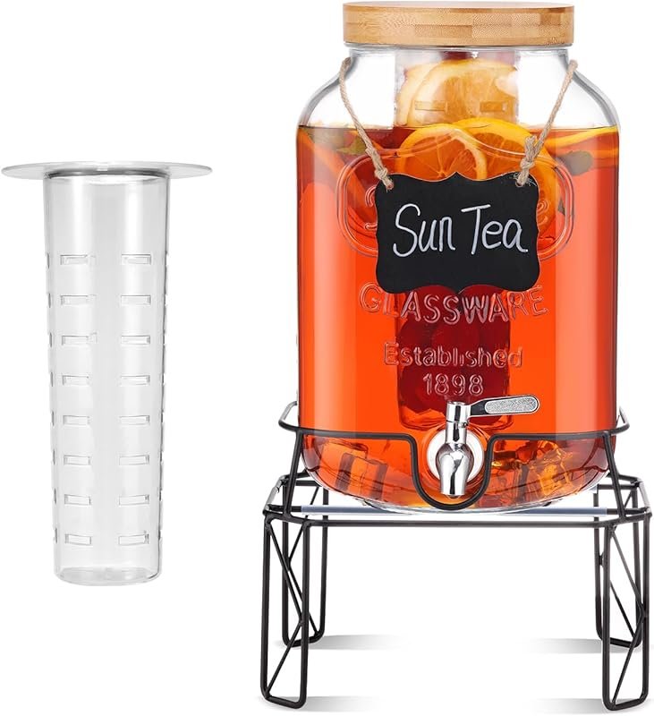 2 Gallon Glass Drink Dispenser with Bamboo Lid & Stainless Steel Spigo