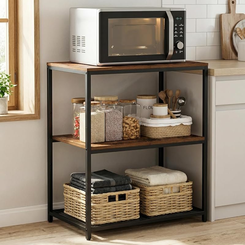 Homleke Kitchen Island with 3 Shelves, Rustic Brown & Black Metal Fram