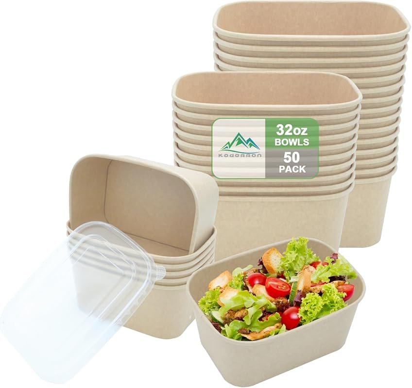 Kaderron 50 Pack 32 Oz Large Compostable Paper Bowls with Lids – Heavy