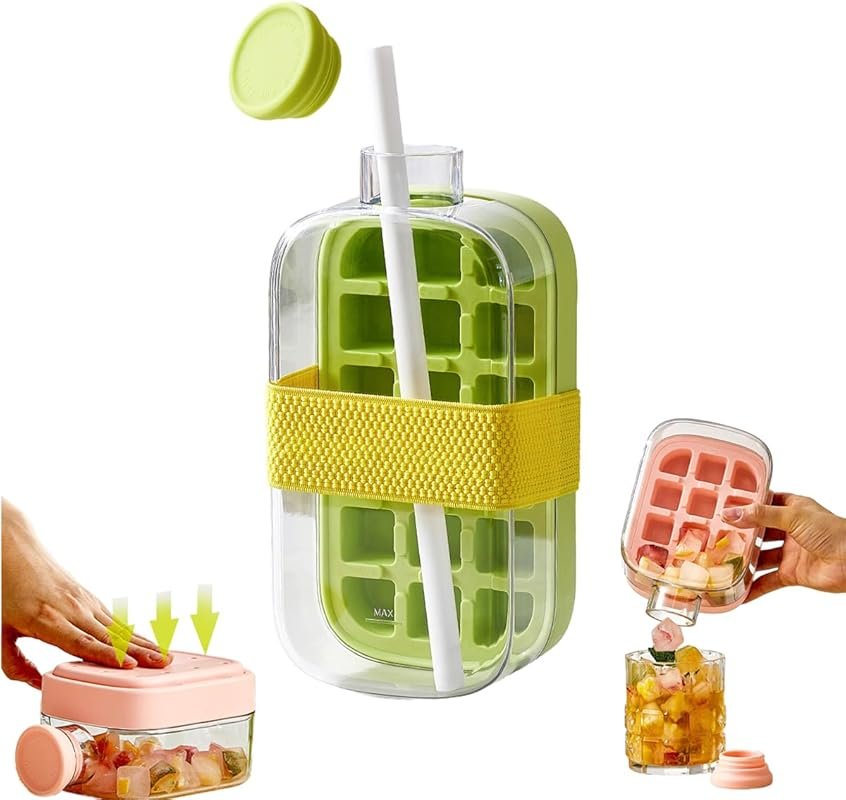 Ice Cube Bottle with Touch-Free Tray & Straw, 800ML for Coffee & Juice