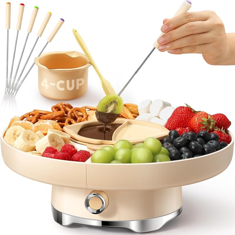 LUSHYUM Electric Chocolate Fondue Pot, 4-Cup Capacity, 4 Trays, 5 Fork