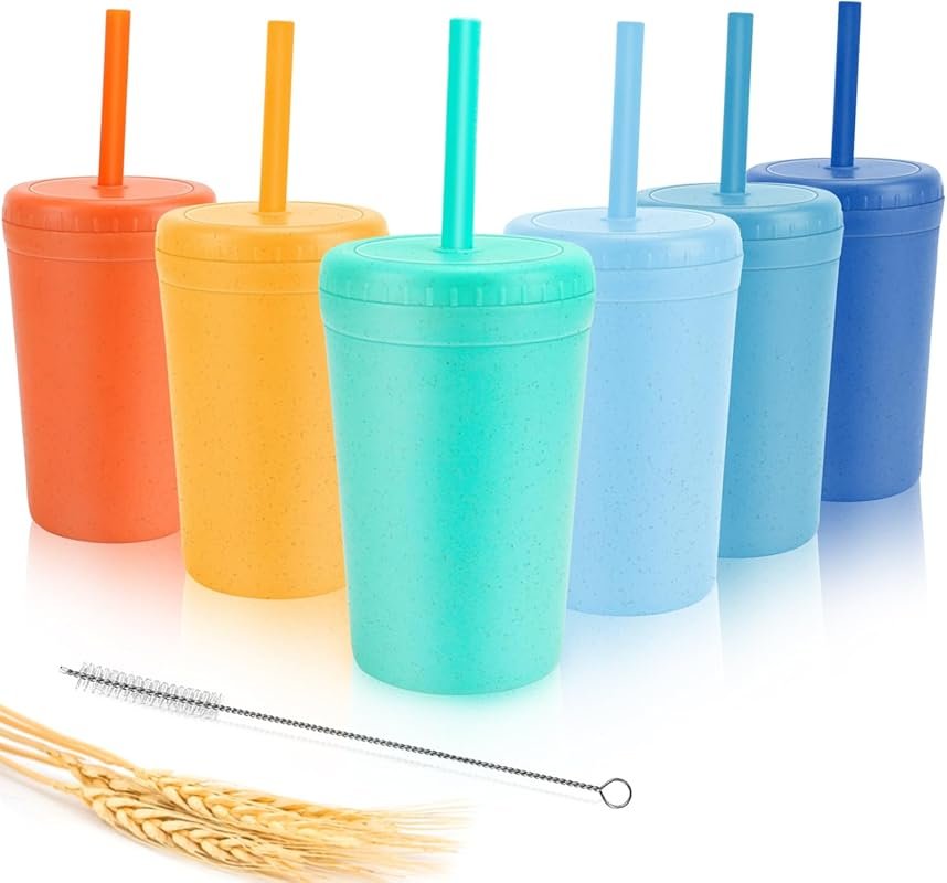 Unbreakable Wheat Straw Cups with Lids & Silicone Straws, Dishwasher S