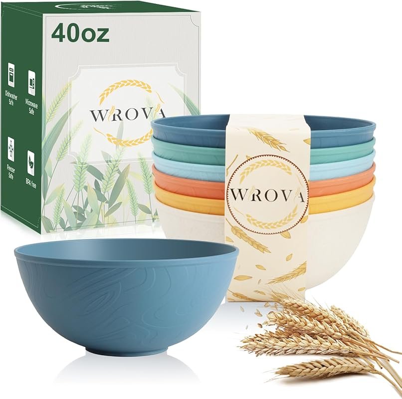 Wrova Anti-Scald Wheat Straw Bowls Set of 6 – 40oz Microwave & Dishwas