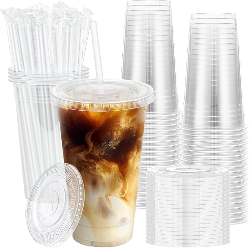 Disposable Clear Plastic Cups with Lids & Straws, 100 Pack for Smoothi