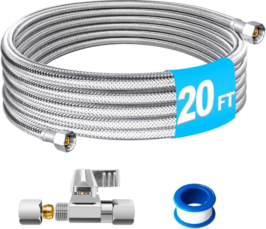 Refrigerator Water Line Kit: 20ft Stainless Steel Braided Hose, Brass 