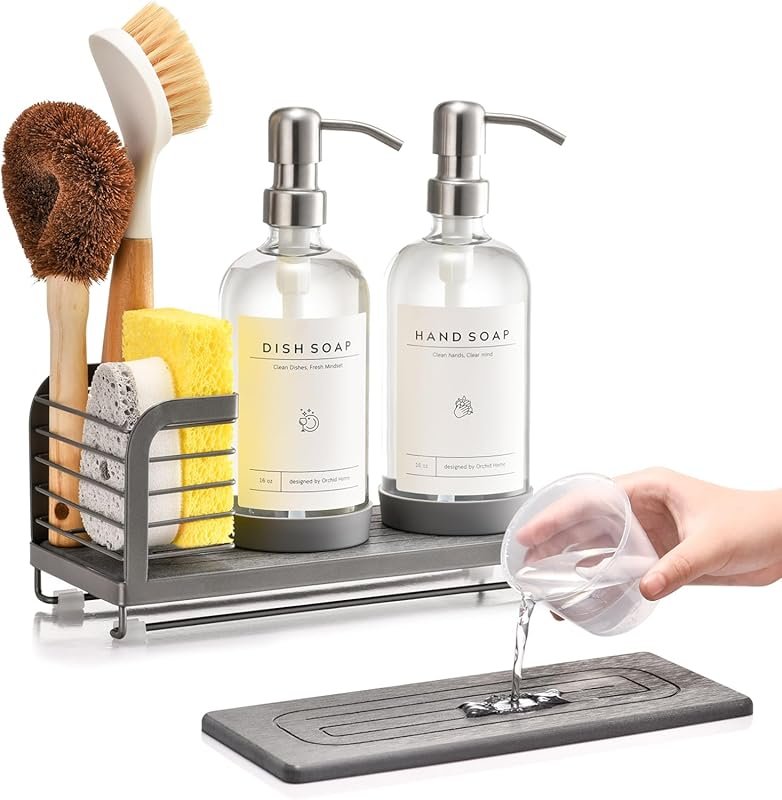 Kitchen Soap Dispenser Set with Drying Tray, 16oz Glass Bottles, Stain