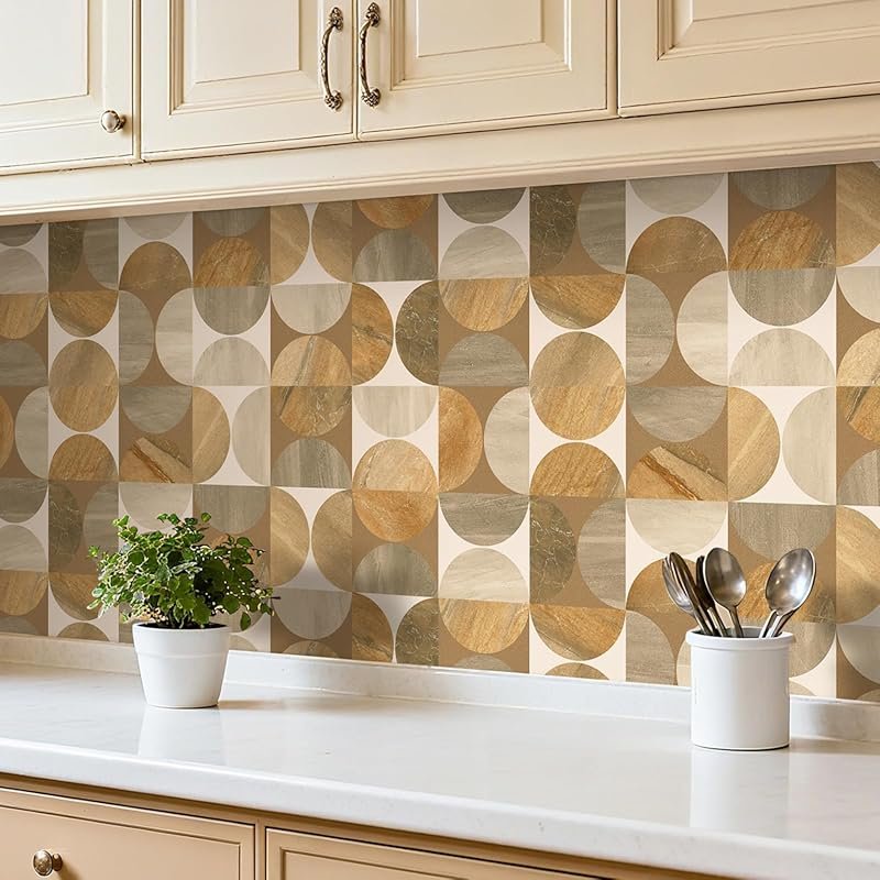 Geometric Neutral Brown Circle Peel & Stick Wallpaper – Mid Century Modern Decor for Kitchen, Bathroom & Living Room