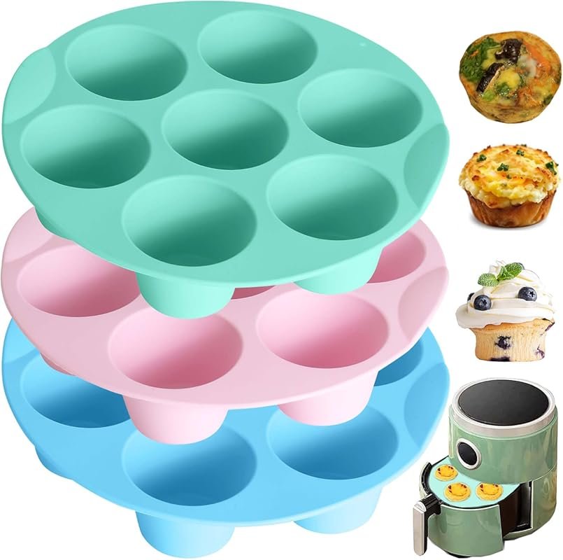 3 Pack Non-Stick 7-Cup Silicone Muffin Pans for Air Fryer Egg Bites, C