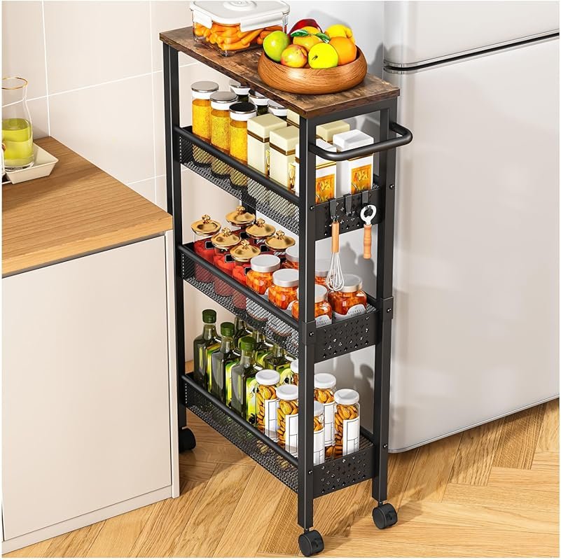 Vivihomety 4-Tier Utility Rolling Cart with Wood Top, Wheels & Handle 