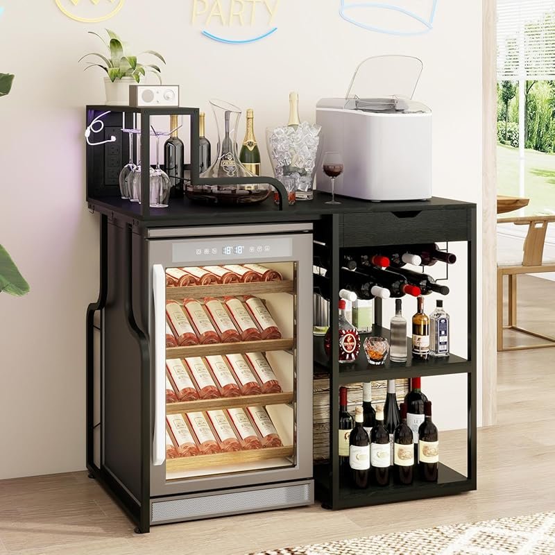 PUNCIA Wine Bar Cabinet with Mini Fridge Space, LED Light, Pull-Out Dr