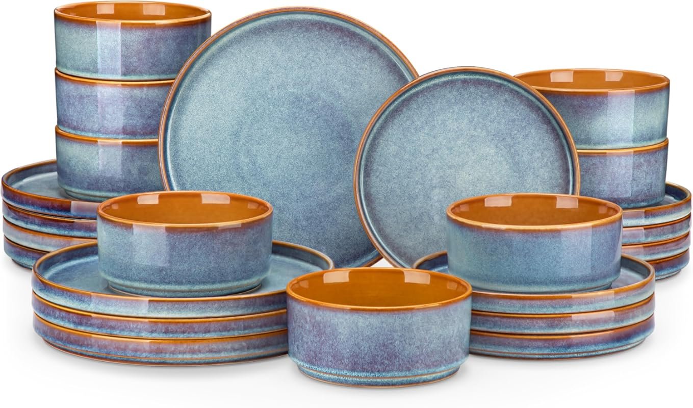 vancasso ONION 24-Piece Reactive Glaze Blue Ceramic Dinnerware Set for