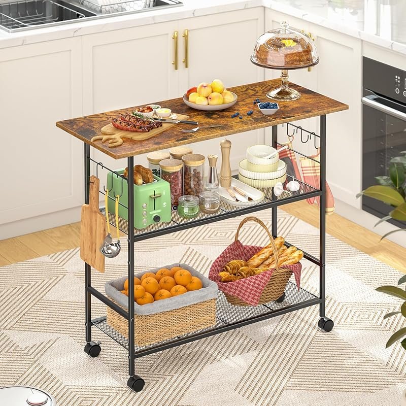Kitchen Island Cart with 3 Shelves, Microwave Stand, 6 Hooks & Lockabl