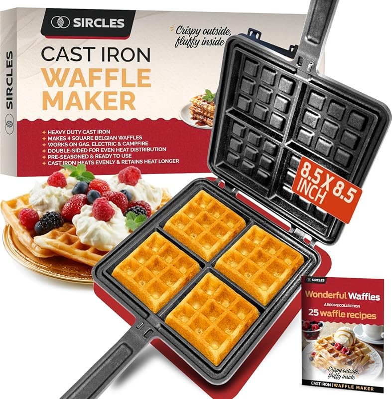 Sircles Cast Iron Waffle Maker Makes 4 Square Belgian Waffles with E-B