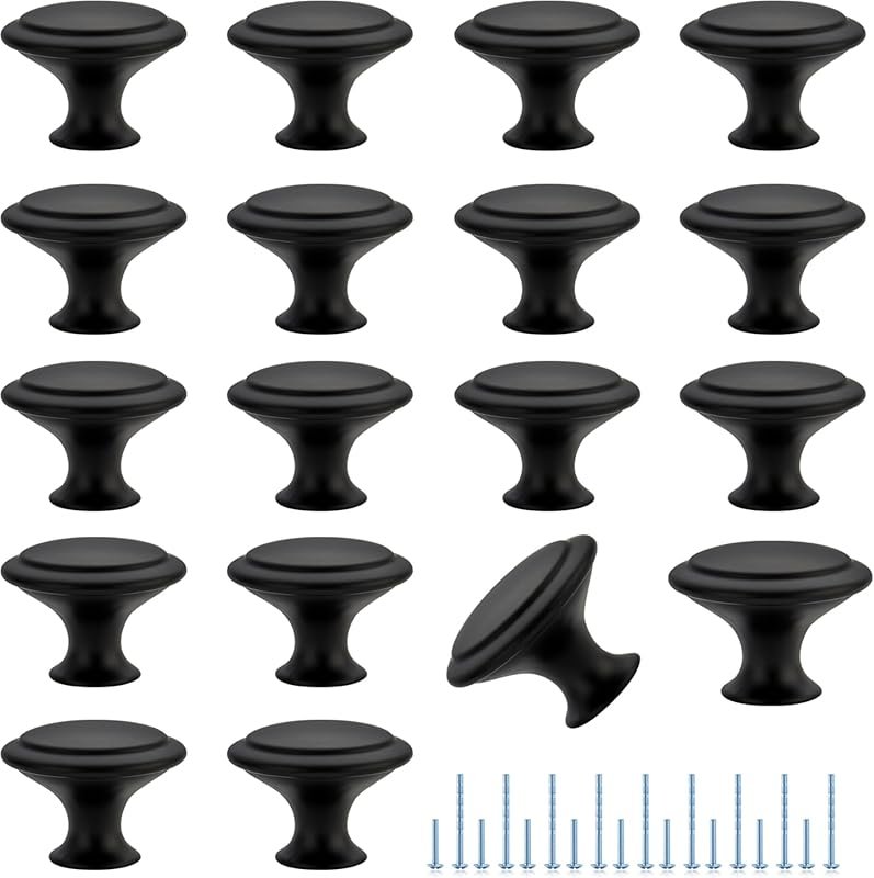 JOY DECOR 18 Pack Matte Black Cabinet Knobs, 30mm Drawer Pulls with Sc