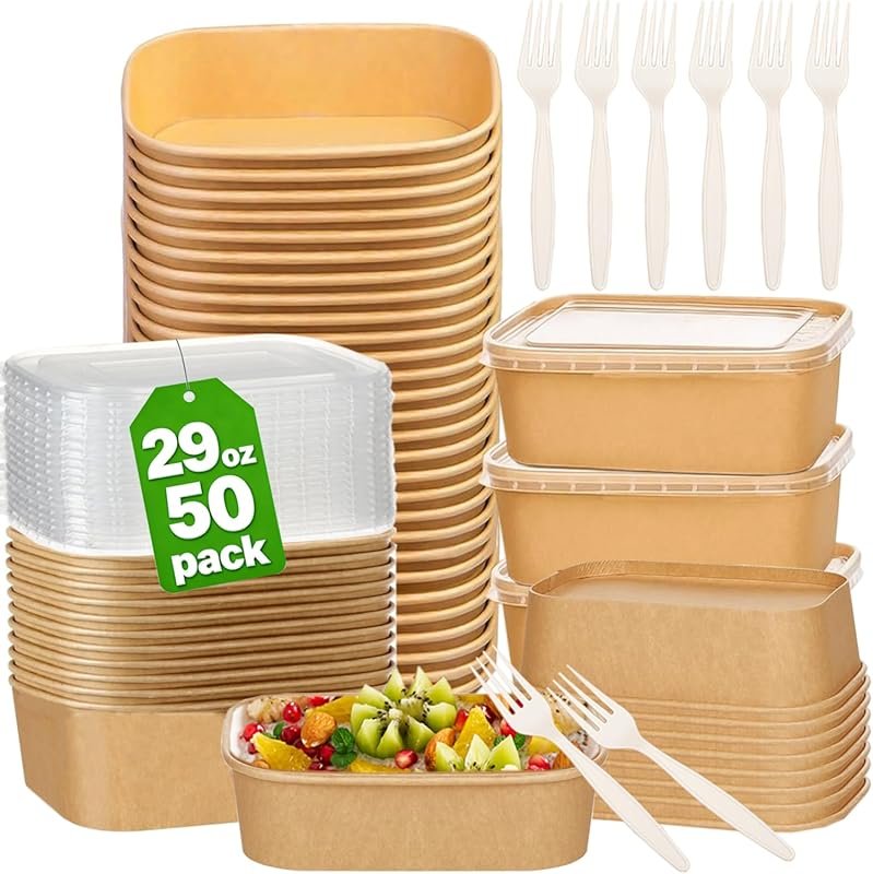 50-Pack 29oz Disposable Kraft Paper Bowls with Lids & Forks – Microwav