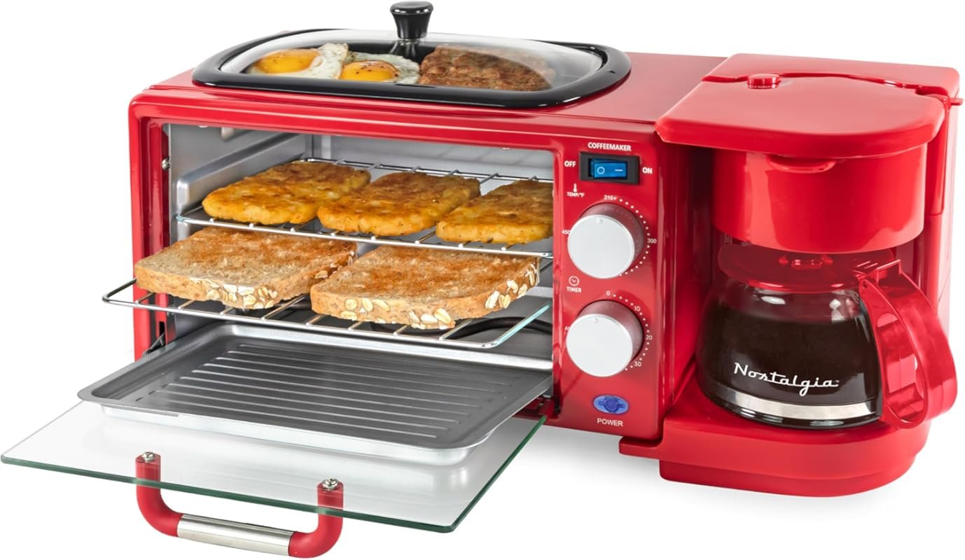 Nostalgia 3-in-1 Retro Breakfast Station with 5-Cup Coffee Maker, Non-