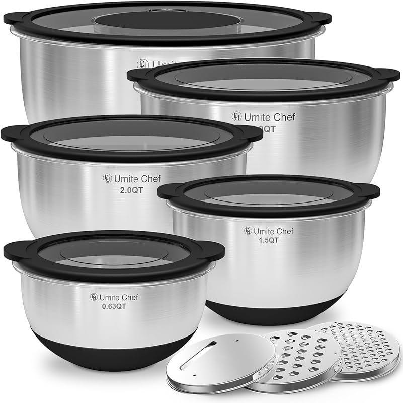 Stainless Steel Mixing Bowls with Airtight TPR Lids, 3 Graters & Measu