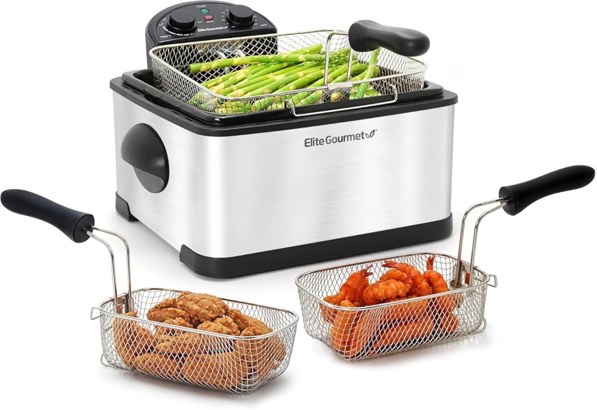 Elite Gourmet 4.5Qt Immersion Deep Fryer – 3-Baskets, 1700W, Timer, Ad