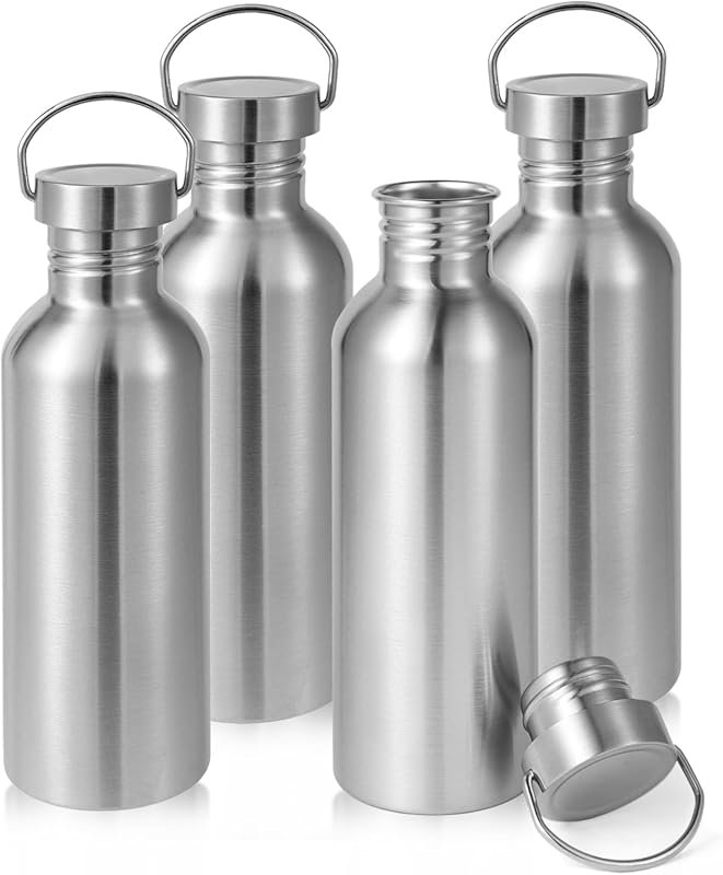 Volhoply 32 oz Uninsulated Stainless Steel Water Bottle 4-Pack with Ha