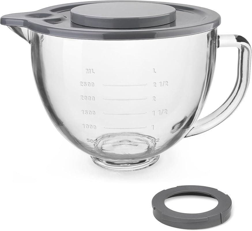 5 Quart Glass Mixing Bowl for KitchenAid Tilt-Head Mixers with Lid & L