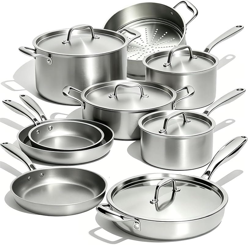 Umite Chef 14-Piece 5-Ply Stainless Steel Cookware Set, Professional G