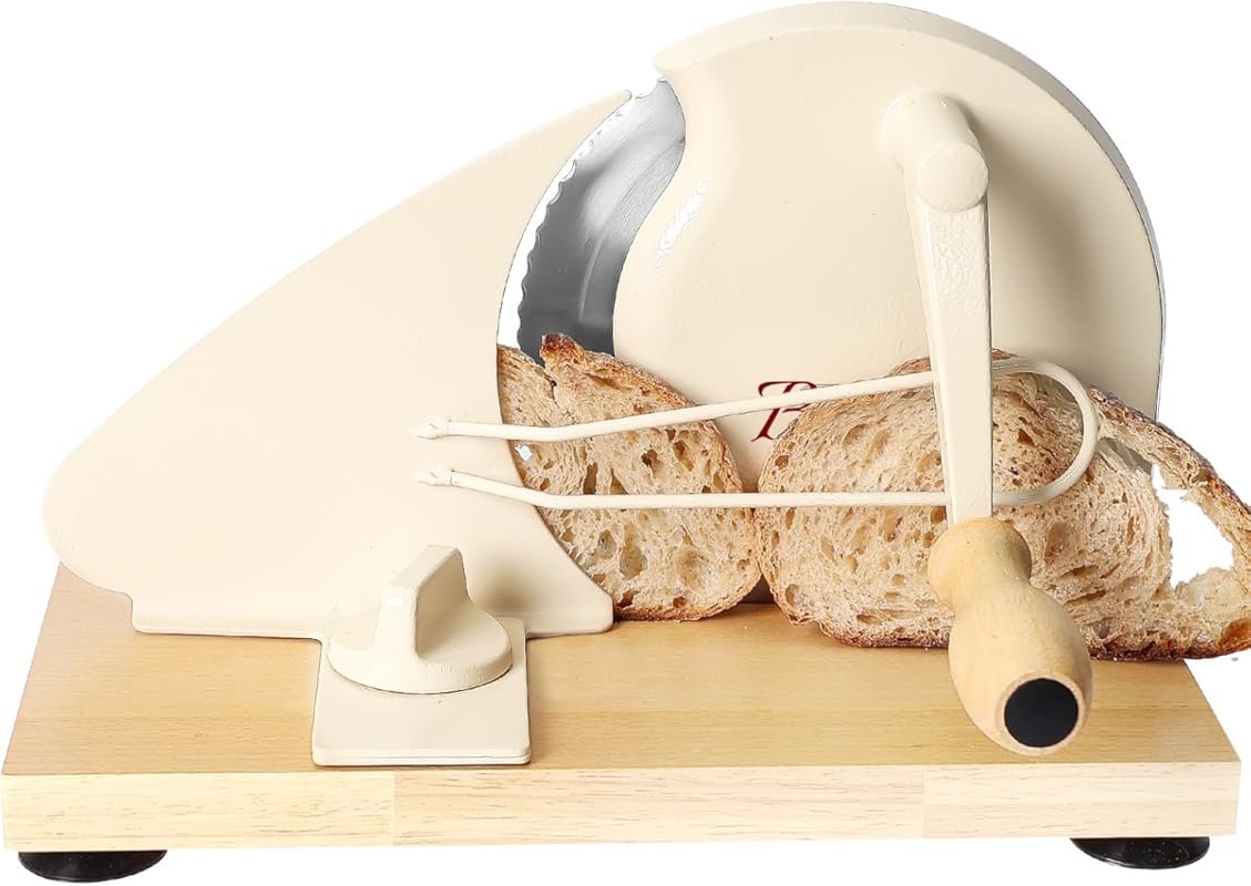Hand Crank Bread Slicer with Stainless Steel Blade & Wood Base