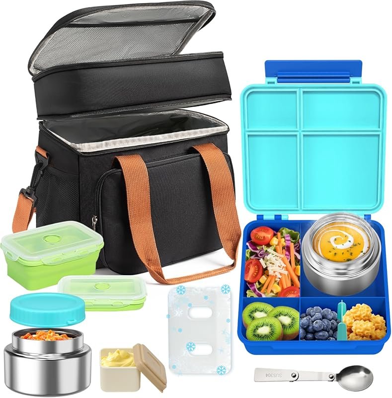 Adult Insulated Leakproof Lunch Box with 4 Compartment & Soup Thermos,