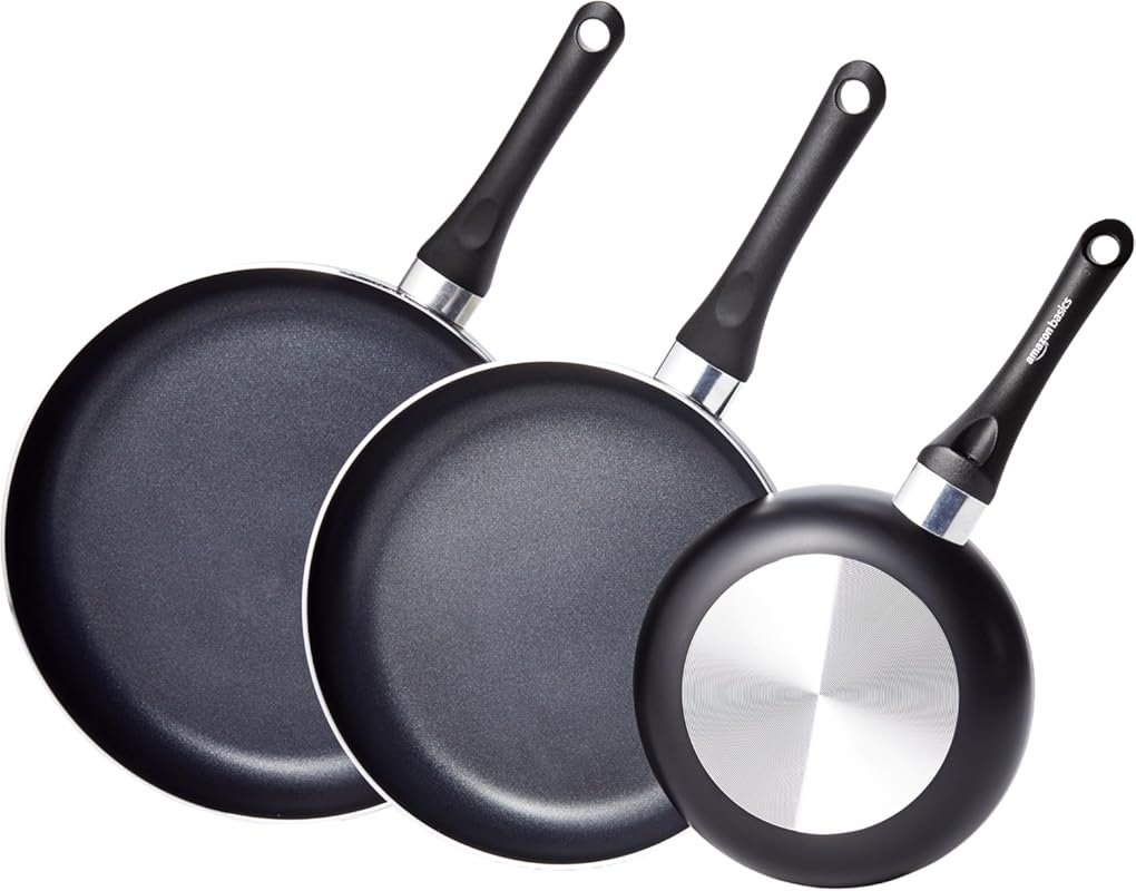 Amazon Basics Ceramic 3-Piece Non-Stick Frying Pan Set, 8–12 Inch Blac