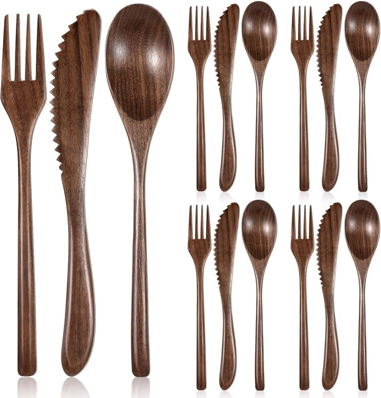 Walnut Wooden Silverware Set – 12 Pcs Spoon, Fork & Knife Cutlery for 